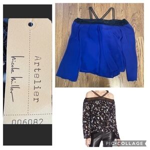 𝅺nicole Miller Artelier 💙 💯% silk off the shoulder blue blouse EUC!!!!